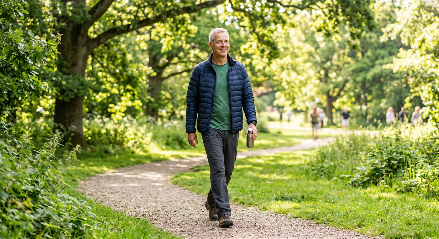 Hombre adulto caminando en un parque en una mañana soleada